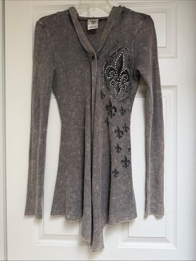Vocal Gray Embellished Fleur-de-Lis Hooded Cardigan
